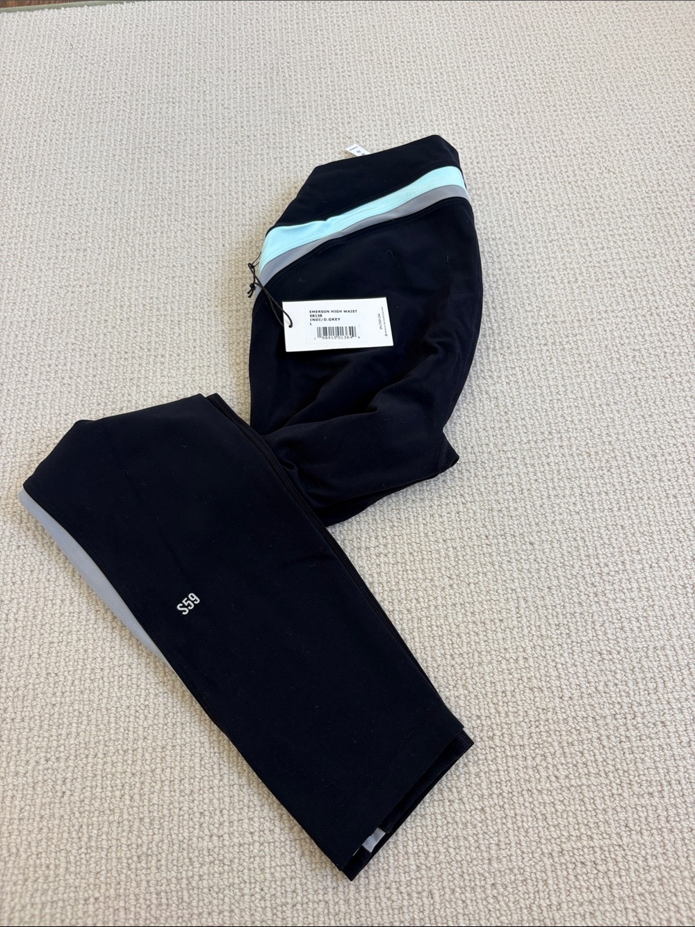 Splits59 Navy Blue Leggings with Mint and Light Gray Stripe Accents